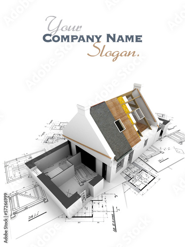Illustration: House with exposed roof layers and plans House with exposed roof layers and plans