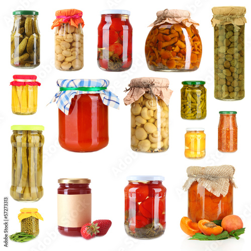 Photo: Set of canned vegetables and fruits isolated on white Set of canned vegetables and fruits isolated on white