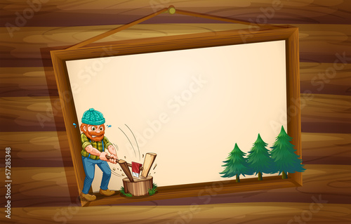 Vector: A hanging wooden signboard with a lumberjack chopping the woods A hanging wooden signboard with a lumberjack chopping the woods