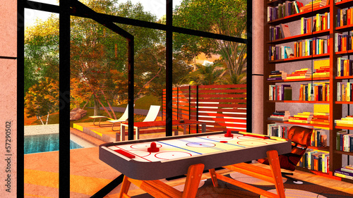Illustration: Modern living room with a view on lake Modern living room with a view on lake