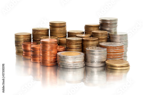 Photo: Stack of coins on white background Stack of coins on white background