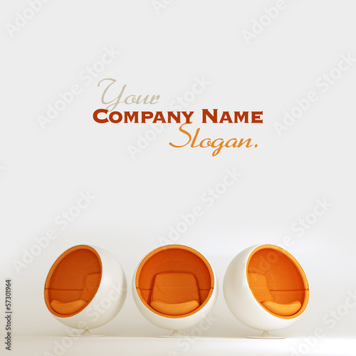 Illustration: Trio of cocoon shaped white and orange chairs Trio of cocoon shaped white and orange chairs