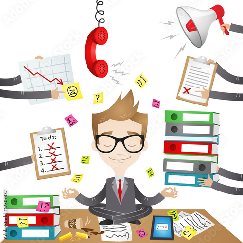 Vector: Businessman, no sweat, yoga, controlling the chaos Businessman, no sweat, yoga, controlling the chaos