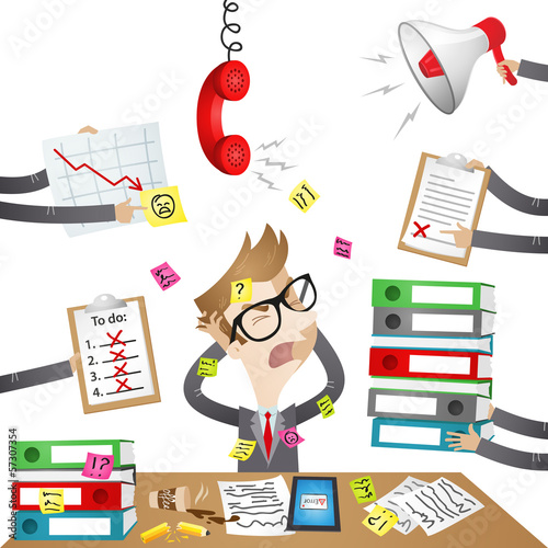 Vector: Businessman, desk, chaos, stressed out, paperwork Businessman, desk, chaos, stressed out, paperwork