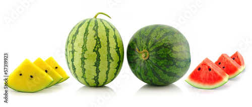 Photo: yellow red water melon on white background yellow red water melon on white background