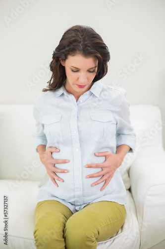 Photo: Pretty pregnant brown haired woman holding her belly Pretty pregnant brown haired woman holding her belly