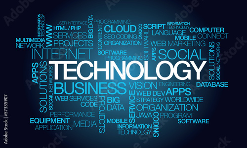 Illustration: Technology text word information blue tag cloud illsutration Technology text word information blue tag cloud illsutration