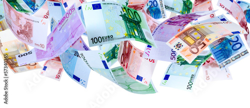 Photo: Panoramic image of falling Euro banknotes isolated on white Panoramic image of falling Euro banknotes isolated on white