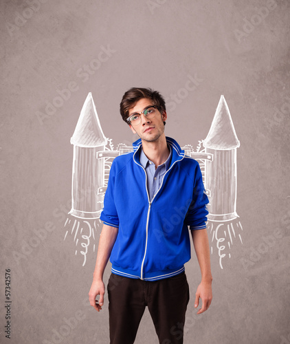 Photo: Cute man with jet pack rocket drawing illustration Cute man with jet pack rocket drawing illustration