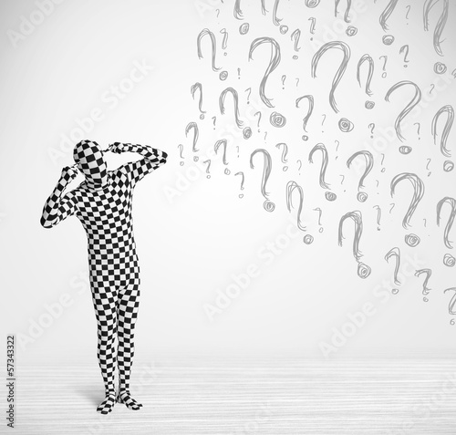 Photo: 3d human character is body suit looking at hand drawn question m 3d human character is body suit looking at hand drawn question m