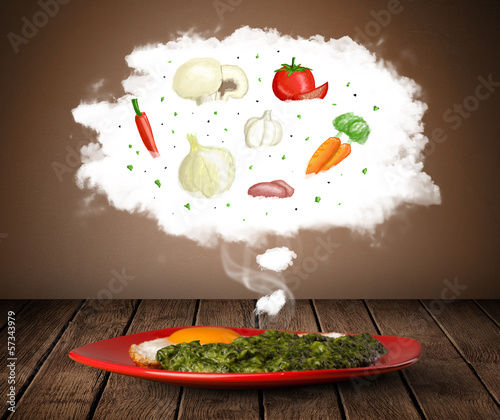 Photo: Plate of food with vegetable ingredients illustration in cloud Plate of food with vegetable ingredients illustration in cloud