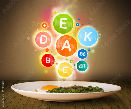 Photo: Food plate with delicious meal and healthy vitamin symbols Food plate with delicious meal and healthy vitamin symbols