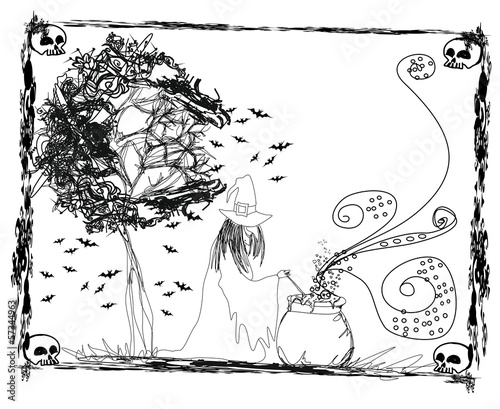 Illustration: witch stirring a potion in cauldron witch stirring a potion in cauldron