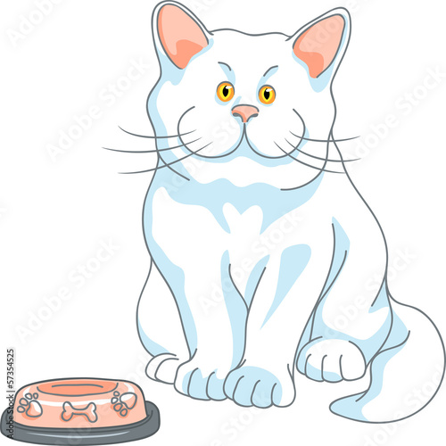 Vector: vector hungry cute white cat with empty bowl vector hungry cute white cat with empty bowl
