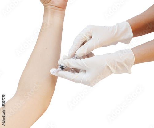 Photo: syringe with taking blood on white background syringe with taking blood on white background
