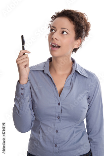 Photo: Junge Frau blickt seitlich erstaunt interessiert - isoliert blau Junge Frau blickt seitlich erstaunt interessiert - isoliert blau