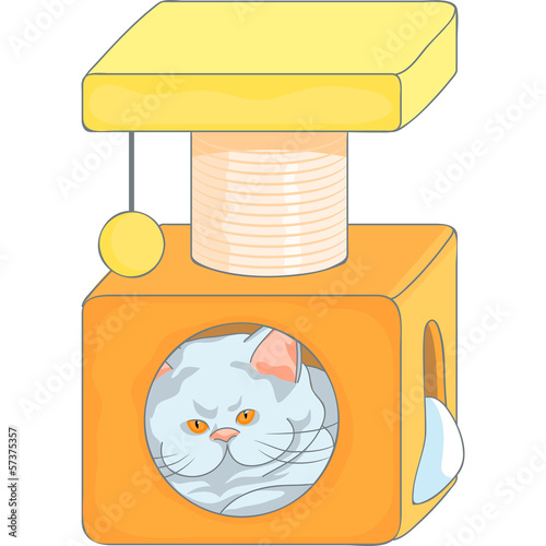 Vector: vector cute british cat in the cat house with scratching posts vector cute british cat in the cat house with scratching posts