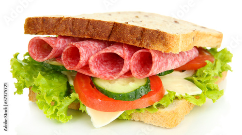 Photo: Tasty sandwich with salami sausage and vegetables, isolated Tasty sandwich with salami sausage and vegetables, isolated