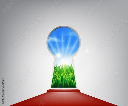 Vector: Red carpet idyllic landscape keyhole door Red carpet idyllic landscape keyhole door
