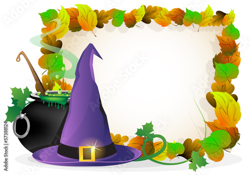Vector: Witch hat and cauldron on autumn leaves background Witch hat and cauldron on autumn leaves background