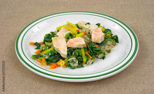 Photo: Salmon with vegetables TV dinner on a dish Salmon with vegetables TV dinner on a dish