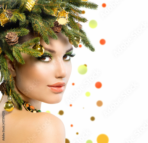 Photo: Christmas Woman. Christmas Tree Holiday Hairstyle and Make up Christmas Woman. Christmas Tree Holiday Hairstyle and Make up
