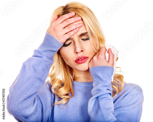 Photo: Woman having flue taking thermometer. Woman having flue taking thermometer.