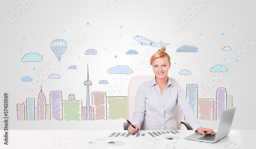 Photo: Pretty businesswoman with colorful city sky-scape background Pretty businesswoman with colorful city sky-scape background