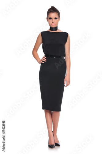 Photo: female fashion model in black dress and high heels shoes female fashion model in black dress and high heels shoes
