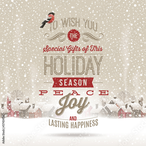Vector: Christmas greetings against a winter landscape with village Christmas greetings against a winter landscape with village