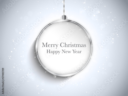 Vector: Merry Christmas Happy New Year Ball Silver with Stars and Snowfl Merry Christmas Happy New Year Ball Silver with Stars and Snowfl