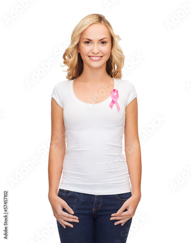 Photo: woman with pink cancer awareness ribbon woman with pink cancer awareness ribbon