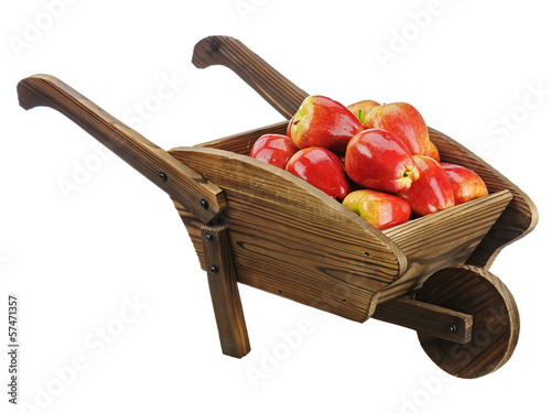 Photo: Red apples on wooden pushcart isolated on white background. Red apples on wooden pushcart isolated on white background.
