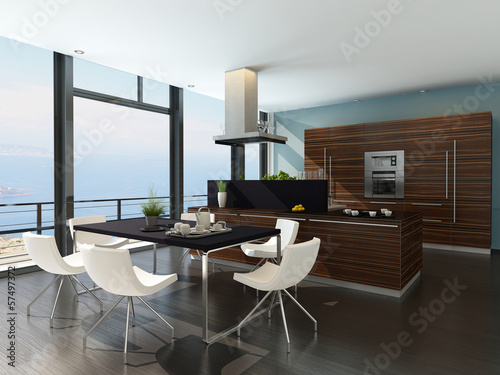 Illustration: Stylish kitchen interior with cooking island and seascape view Stylish kitchen interior with cooking island and seascape view