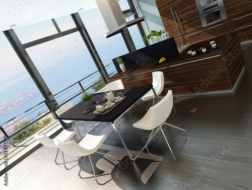 Illustration: Stylish kitchen interior with cooking island and seascape view Stylish kitchen interior with cooking island and seascape view