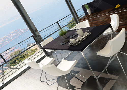 Illustration: Stylish kitchen interior with cooking island and seascape view Stylish kitchen interior with cooking island and seascape view