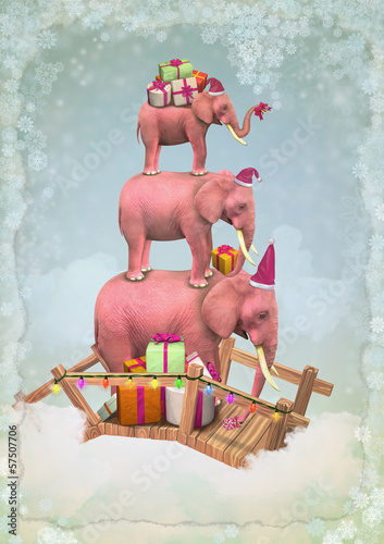 Illustration: Three Christmas pink elephants in the sky with gifts Three Christmas pink elephants in the sky with gifts