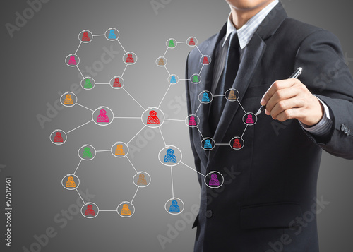 Photo: Business man drawing social network structure on a white board Business man drawing social network structure on a white board