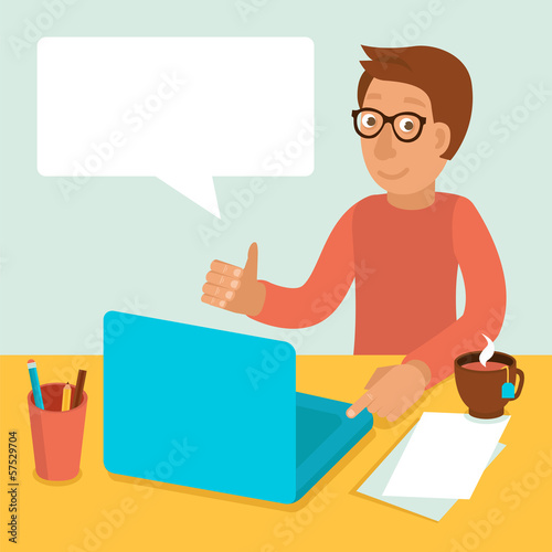 Vector: Vector character working on laptop in flat style Vector character working on laptop in flat style