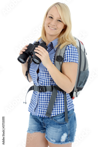 Photo: Frau beim Wandern mit Fernglas Frau beim Wandern mit Fernglas
