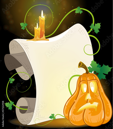 Vector: Jack o' Lantern, parchment and burning candles Jack o' Lantern, parchment and burning candles