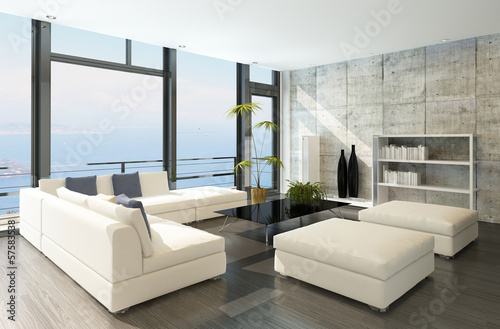 Illustration: Modern living room with huge windows and concrete wall Modern living room with huge windows and concrete wall