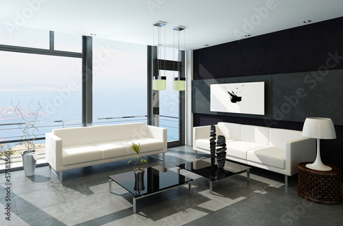 Illustration: Modern living room with huge windows and black stone wall Modern living room with huge windows and black stone wall