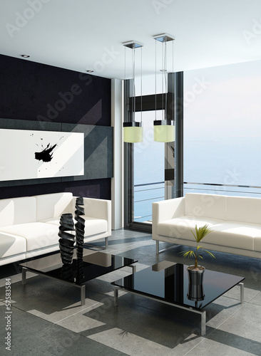 Illustration: Modern living room with huge windows and black stone wall Modern living room with huge windows and black stone wall