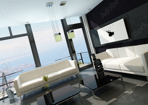 Illustration: Modern living room with huge windows and black stone wall Modern living room with huge windows and black stone wall