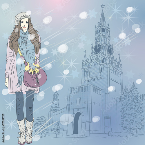 Vector: Vector Christmas winter cityscape with fashion girl in Moscow Vector Christmas winter cityscape with fashion girl in Moscow