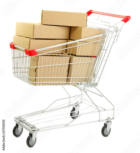 Photo: Shopping cart with carton, isolated on white Shopping cart with carton, isolated on white