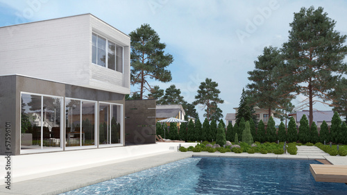 Illustration: Modern House Exterior with Swiming Pool Modern House Exterior with Swiming Pool