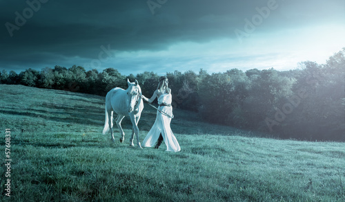 Photo: Beautiful sensual women with white horse Beautiful sensual women with white horse