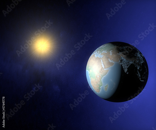 Illustration: Mondo terra sole globo India Asia Africa Europa luci città Mondo terra sole globo India Asia Africa Europa luci città